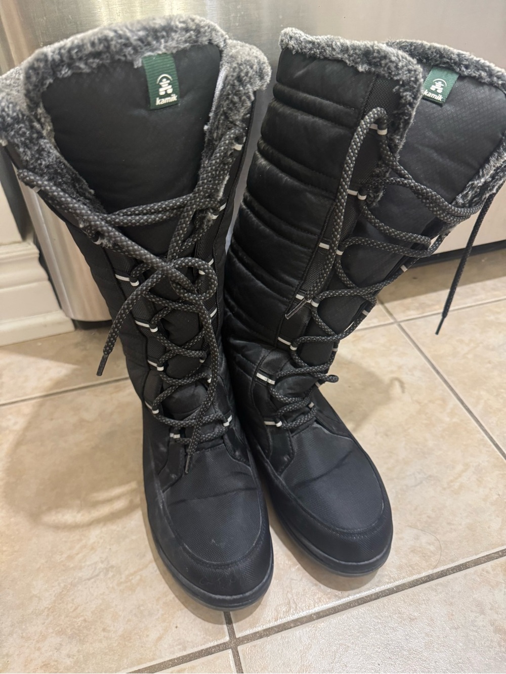 Kamik Women's Tall Black Lace-Up Winter Boots with Fur Trim